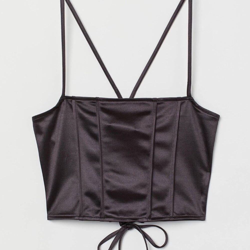 H&M black satin corset crop top with a lace-up back